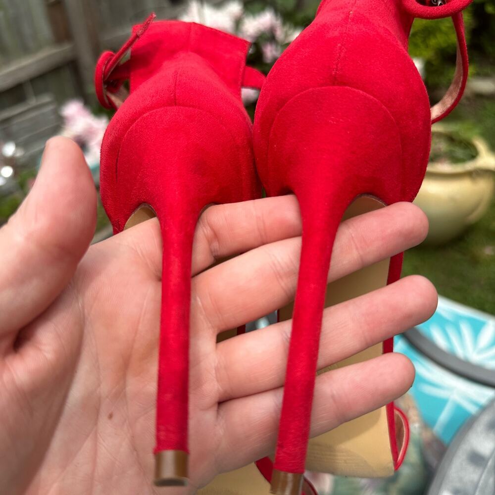 Liliana Red Open Toe Velvet Ankle Strap High Heel Sandal Pump Size 9 Stiletto - Picture 9 of 16
